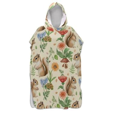 Imagem de Lindos esquilos flores silvestres folhas poncho de surfe para trocador adulto toalhas de banho com capuz plus size ponchos adultos para mulheres