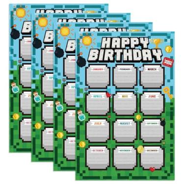 Imagem de 4 Peças Calendário de Aniversário com Tema Pixel, Reutilizável Pôster de Calendário Aniversário Decoração para Mural Sala Aula Material Escolar para Professores Decoração Parede