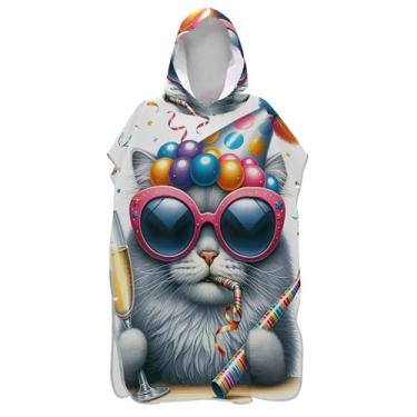 Imagem de TSENQUE Poncho de surfe de desenho animado de gato legal para adultos roupão de praia com capuz toalha de banho vestível homens mulheres poncho com capuz