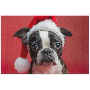 Imagem de Um lindo cachorro Boston Terrier usando um Papai Noel adulto quebra-cabeça 1000 peças de desenho animado animal divertido quebra-cabeça amigos família jogos presentes