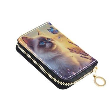 Imagem de Carteira feminina roxa floral com zíper e bloqueio de RFID, carteira de cartão de crédito pequena com zíper e chaveiro