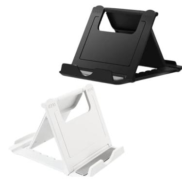 Imagem de Pacote com 2 suportes de celular portáteis para mesa, suporte dobrável de bolso, suporte universal ajustável para celular compatível com iPhone, iPad, Kindle, Android, preto e branco