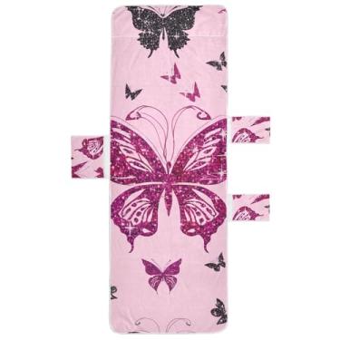 Imagem de Toalha de cadeira de espreguiçadeira rosa preta borboletas brilhantes toalha de praia de piscina com bolsos espreguiçadeira de piscina floral 85 x 76 centímetros