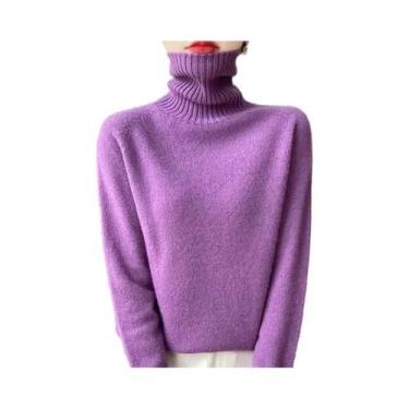 Imagem de Moletom Feminino 100% Lã Merino Manga Longa Gola Alta Quente 19 Cores 