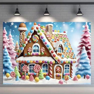 Imagem de Pano de fundo de casa de gengibre de Natal para sessão de fotos pirulito candyland chá de bebê decorações de festa de aniversário doces festa familiar crianças retrato foto fundo (20 x 1,8 m)