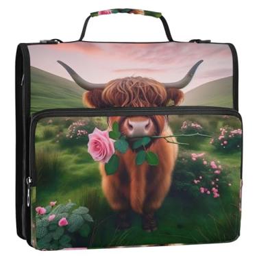 Imagem de Organizador de fichário com zíper Highland Cattle Valentine Rose Cow 3 argolas de 3,8 cm anel D bolsa de fichário com alça para carteira escolar e suporte de pasta de anel