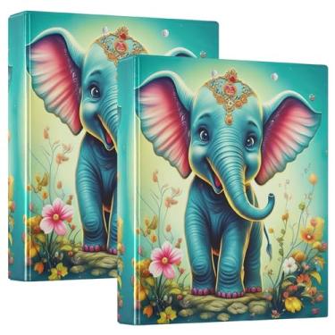 Imagem de Fichários fofos para crianças, azul elefante, 3 cm, comporta 200 folhas, anel redondo, 31,5 x 27 x 6 cm, pacote com 2