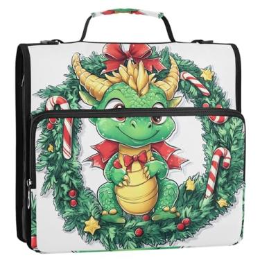 Imagem de Organizador de fichário divertido com zíper, fichários de 3 cm, 3 anéis, guirlanda de Natal resistente, estojo de armazenamento de dragão verde com alça para fichários escolares com alça de ombro