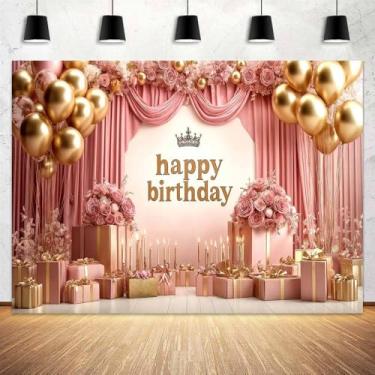 Imagem de Faixa de fundo de aniversário ouro rosa balão rosa floral fundo fotográfico para meninas mulheres festa de aniversário ouro casamento chá de bebê decoração de cabine de fotos, 18 x 1,5 m