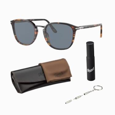 Imagem de Persol Óculos de sol redondos PO3186S com kit oficial de óculos, Armação marrom | Lente azul, 53mm