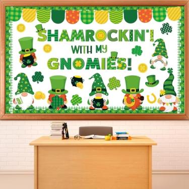 Imagem de Conjunto de quadro de avisos de gnomos do Dia de São Patrício, Shamrockin' with My Gnomies, decoração de sala de aula, trevos, moeda, ouro, recortes de papel trevo, borda para quadro de avisos para