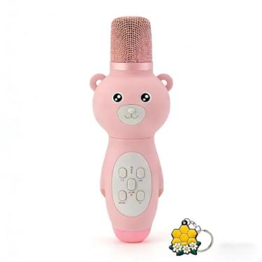 Imagem de Microfone de karaokê para crianças - microfone infantil para animais de estimação + presente 2 chaveiros de desenho animado, microfone Bluetooth integrado para karaokê para educação inicial, leitor