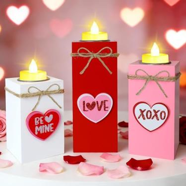 Imagem de 3 peças de castiçais de dia dos namorados, castiçais votivos de madeira dos namorados com luzes de chá de LED, decorações de dia dos namorados para casa, escritório, mesa, centros de mesa, manto
