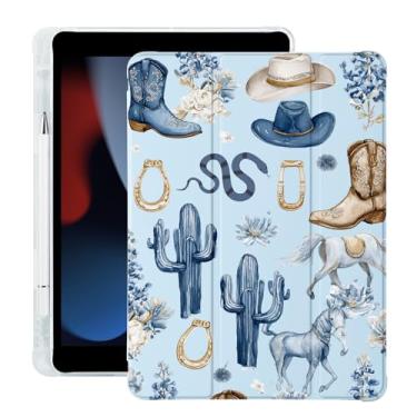 Imagem de BlHMCASE Capa Western Cowboy Flower para iPad 7ª/8ª/9ª geração com suporte para lápis, hibernar/despertar automático, capa traseira de TPU macio de couro azul para iPad de 10,2 polegadas 2019/2020