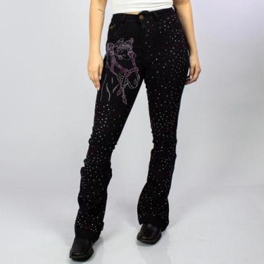 Imagem de Calça Jeans Preta Feminina Flare Love Horse Pink Strass Cintura Alta M