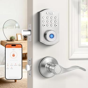 Imagem de Probrico Fechadura inteligente de porta de entrada de níquel acetinado sem chave, fechadura de porta de teclado com alça de impressão digital conjunto de alça de fechadura