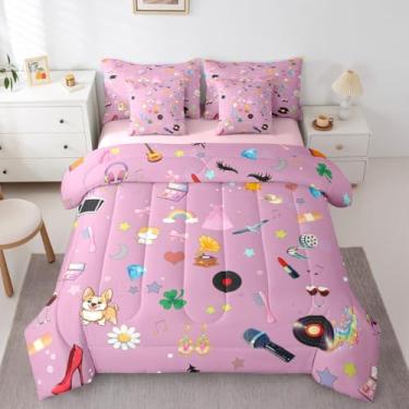 Imagem de Erosebridal Jogo de cama solteiro com tema musical de 7 peças, cantora pop, para crianças, adolescentes, violão, batom, cama em uma bolsa, flor de cobra, com edredom rosa, presente para amigos de fãs