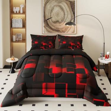 Imagem de Namoxpa Conjunto de edredom vermelho e preto, estampa 3D com tema de favo de mel claro, para crianças, adolescentes e adultos, conjunto de edredom decorativo com 2 fronhas, tamanho casal