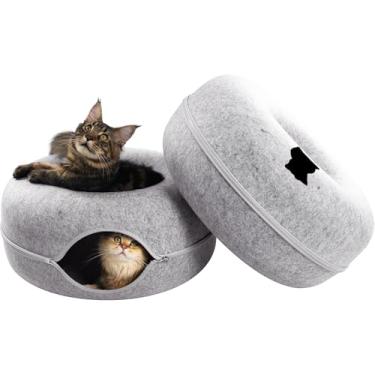 Imagem de CATTASAURUS Peekaboo Caverna de gatos para vários e grandes gatos de até 13 a 20 kg, cama de túnel removível e lavável, caverna confortável para gatos (cinza claro + cinza claro, grande)