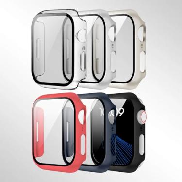 Imagem de Pacote com 6 capas com protetor de tela de vidro temperado para Apple Watch Series 4-10, ultrafino, resistente a arranhões, PC rígido de proteção total (preto/azul/luz das estrelas/prata/matéria