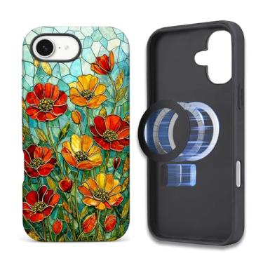 Imagem de ZHEGAILIAN Capa compatível com iPhone 16E, capa de telefone com design de flor de vitral, [compatível com MagSafe], capa rígida híbrida de 2 camadas para meninas meninos mulheres homens