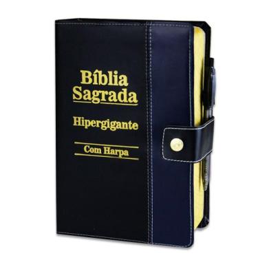 Imagem de Bíblia Sagrada Letra HIpergigante Botão Preta/Azul - C/ Harpa - REI DA