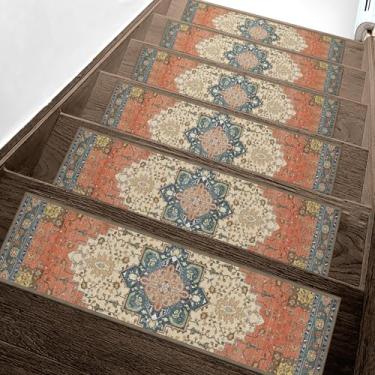 Imagem de Tapete vermelho antiderrapante escada 20 x 76 cm corredor de escada com bordas para degraus de madeira internos, tapete de escada resistente tapete livre de resíduos para idosos, animais de estimação