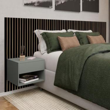 Imagem de Cabeçeira Ripada Painel e 2 Mesas de Cabeçeira com Gavetas MDF Madeirado Elegancia no Dormitório Kit Completo Casal, Queem e King Size (Preto/Cinza)