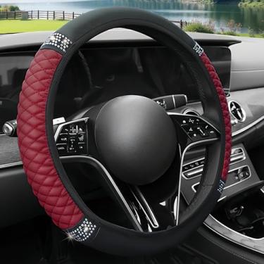 Imagem de AMZAUTO Capa de volante brilhante para mulheres, couro brilhante strass deslumbrante capa de volante deslumbrante, acessórios interiores de carro de 38 cm para a maioria dos veículos (vinho vermelho)