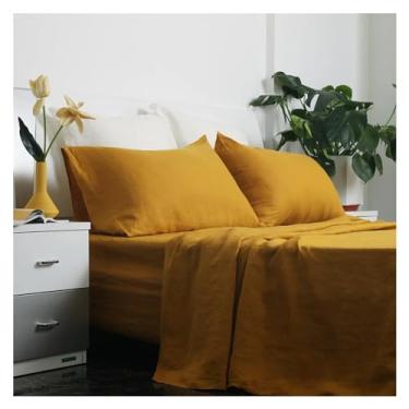 Imagem de Conjunto de cama 100% linho para quarto, capa de colcha macia e fronha para cama de casal, confortável para casa, capa de edredom sem lençol, conjunto de cama (amarelo tamanho queen 3 peças)