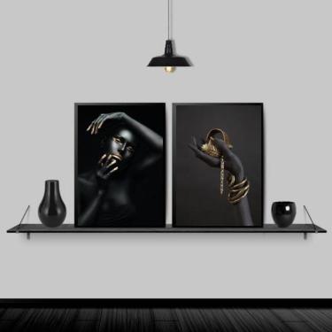 Imagem de Kit 2 Quadros Mulher Bijuterias Douradas 33X24 Vidro - Preta