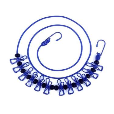 Imagem de Varal de viagem portátil, linha de equipamento de viagem, varal elástico, linha de secagem de lavanderia com 12 grampos de roupa para interior e exterior, varanda, (Azul)