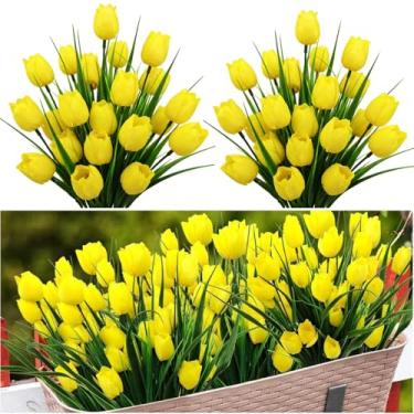 Imagem de Sousi 12 pacotes de tulipas artificiais, flores de plástico amarelo resistentes a UV, arbustos de vegetação interna e externa para casa, jardim, decoração de varanda