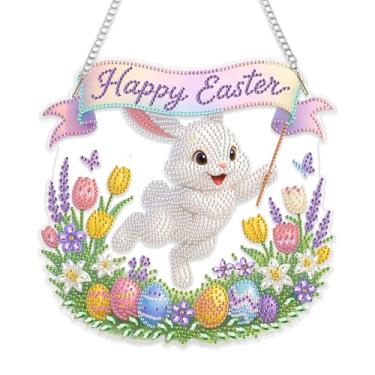 Imagem de Eiflow Kit de pendurar arte de diamante de Páscoa para adultos, kit de pingente de janela de pintura de diamantes faça você mesmo, ornamento especial de pintura de diamante de cristal (Feliz Páscoa)