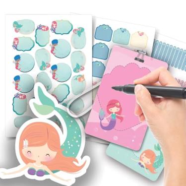 Imagem de Etiqueta Escolar Menina com TAG + Caneta (Sereias Aquarela, Etiquetas + 2 TAGs)