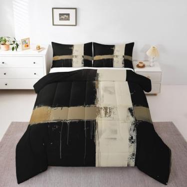 Imagem de jejeloiu Conjunto de edredom solteiro, preto, marrom, moderno, arte abstrata, para crianças, meninos, meninas, edredom minimalista, edredom de microfibra macia, com 1 fronha