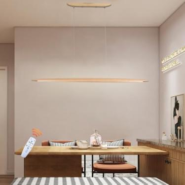 Imagem de Luminária pendente de madeira com LED, design moderno, haste de sustentação, lustre de madeira, dimerizável, altura ajustável, para sala de estar e sala de jantar (Cor: Natural)