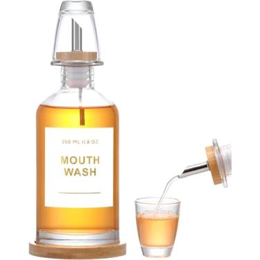 Imagem de Gelury Conjunto de dispensador de enxaguante bucal de vidro para balcão de banheiro, 335 g, tampa de copo, bandeja de bambu, caixa de presente, transparente