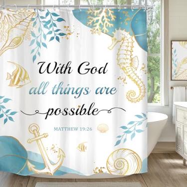 Imagem de Mitpok Cortina de chuveiro com versículo bíblico do oceano náutico 60Lx72H Cavalos-marinhos dourados escrituras folhas cristãs sob o mar animais peixes decoração de banheiro minimalista cortina de