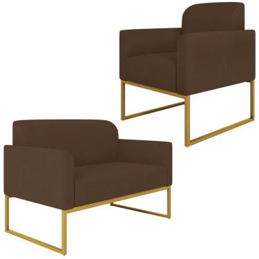 Imagem de Conjunto Namoradeira e Poltrona Decorativa Isabella Base Industrial Suede Marrom/Dourado - Gran Belo