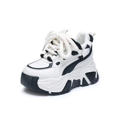 Imagem de KCTRFSJ Tênis feminino casual com cadarço plataforma grossa, bico redondo, cano baixo, respirável, sapatos esportivos confortáveis, antiderrapantes para aumentar a altura, Branco, 34