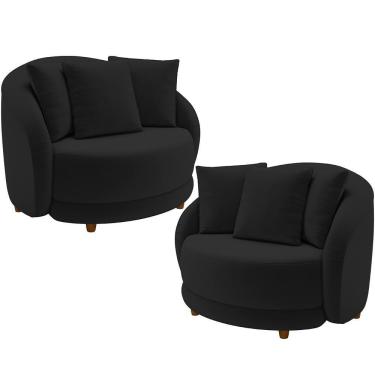 Imagem de Kit 02 Poltronas Decorativas Base Fixa Pés Madeira Witta M03 Veludo Preto - Lyam Decor