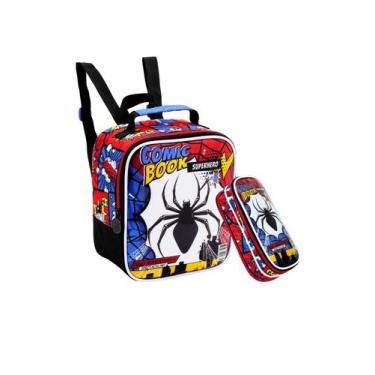 Imagem de Kit Escolar Lancheira Térmica + Estojo Spider Comic Book - Denlex
