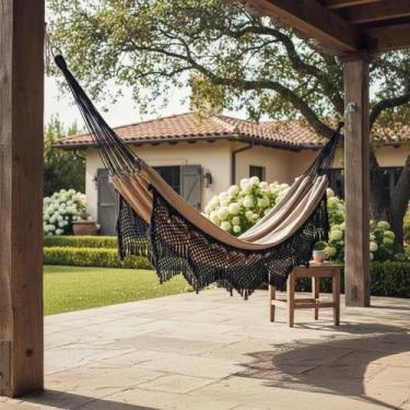 Imagem de Rede De Descanso Casal Artesanal Luxo Ostra Areia Com Preto - REDESDED