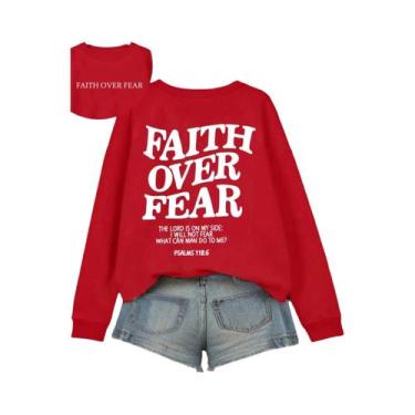 Imagem de Moletom Feminino De Fleece Com Estampa De Letras 'Faith over Fear', Qu