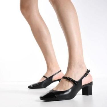 Imagem de Slingback Salto Bloco em Couro Preto Loucos e Santos-Feminino