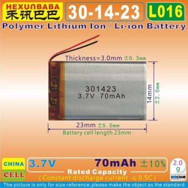 Imagem de Bateria 3.7v 70mah 3mm X 14mm X 23mm 2 Fios 301423 - bgb