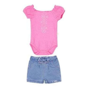 Imagem de Conjunto Bebê Menina Body Bordado Shorts Jeans Paraiso 15437-Feminino