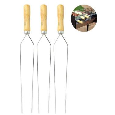 Imagem de Kit 3 Mini Espeto Duplo Espetinho Lâmina Inox Cabo Madeira Churrasco C