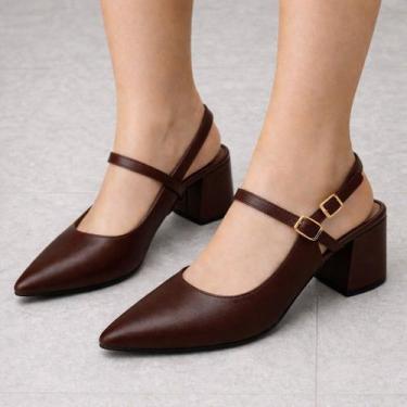 Imagem de Sapato Scarpin Slingback Feminino Salto Bloco Bico Fino Elegante com F